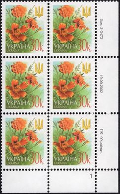 2002 0,30 VI Definitive Issue 2-3473 (m-t 2002) 6 stamp block RB1